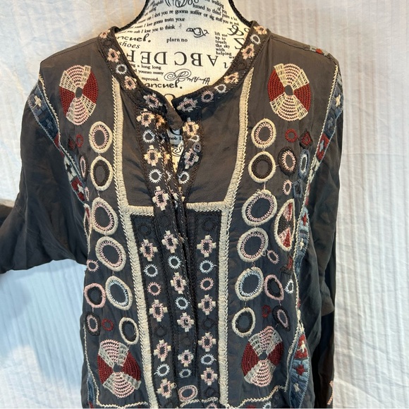 JOHNNY WAS Biya Sz XL Slate Grey Silk Embroidered Tunic Midi Dress Long Sleeve - Picture 3 of 11